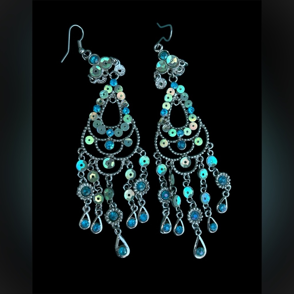 Boho Glam Silver-Tone Chandelier Earrings – Blue Rhinestones & Sequins
